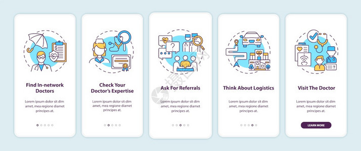 使用概念选择初级保健医生在手机应用程序页面屏幕上使用移动应程序选项提示物理医生通过5步图形指示UIUX配有线颜色图解的形用户界面图片