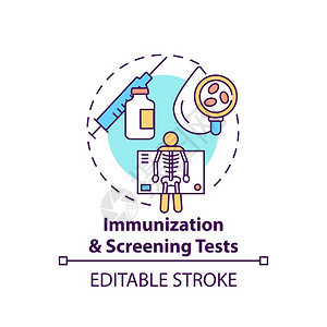 免疫和筛查测试概念图标为感染接种疫苗保健检查家庭医生概念细线插图病媒孤立大纲RGB彩色绘画可编辑中风图片