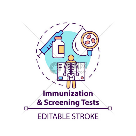 免疫和筛查测试概念图标为感染接种疫苗保健检查家庭医生概念细线插图病媒孤立大纲RGB彩色绘画可编辑中风图片