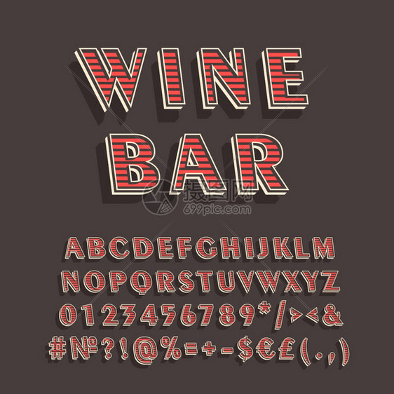 WineBar3d矢量字母组Retro粗体字型Pop艺术平板字母组旧学校风格的字母数符号包90s8s创意类别设计模板barvin图片