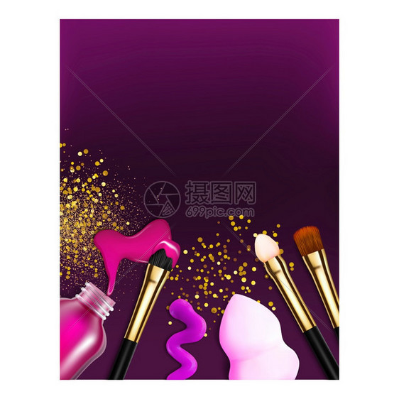 紫和玫瑰花甲的动脉波兰和布鲁希斯女美容化妆品在背景上画液体和闪光片概念模板3d说明图片
