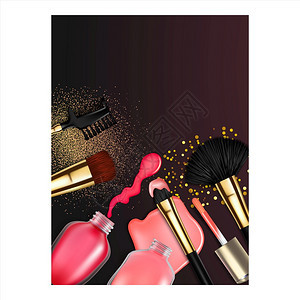 美容沙龙奈尔术和化妆品Banner矢量粉色和红奈波兰产品瓶和Brushes化妆品瓶玻璃火焰花粉和的多彩溢现实的3d说明美容沙龙奈图片