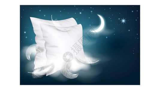 甜蜜梦的枕头广告海报矢量可舒适放松睡眠的纺织枕头Insomnia与星的羽毛和月亮之夜睡梦样板的床单棉服插图甜蜜梦的枕头广告海报矢图片