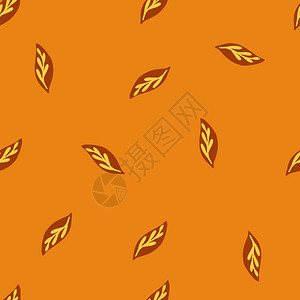 秋天无缝图案有棕色最低限度叶装饰品橙色背景面条画作完美的布料设计纺织品印刷包装封面矢量图案黄昏无缝棕色最低限度叶装饰品面条画作图片