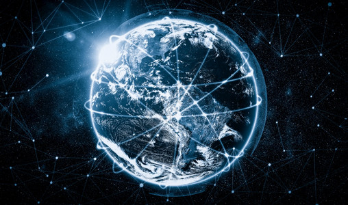5G无线数字连接概念和在互联网上事物的未来3D插图全球网络连接以创新概念的线路覆盖地球图片