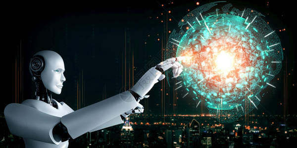 AI人造机器触摸全息图屏幕显示球通信网络的概念它使用机器学习过程的人工智能思维来显示全球通信网络的概念3D插图计算机形人造器触动图片
