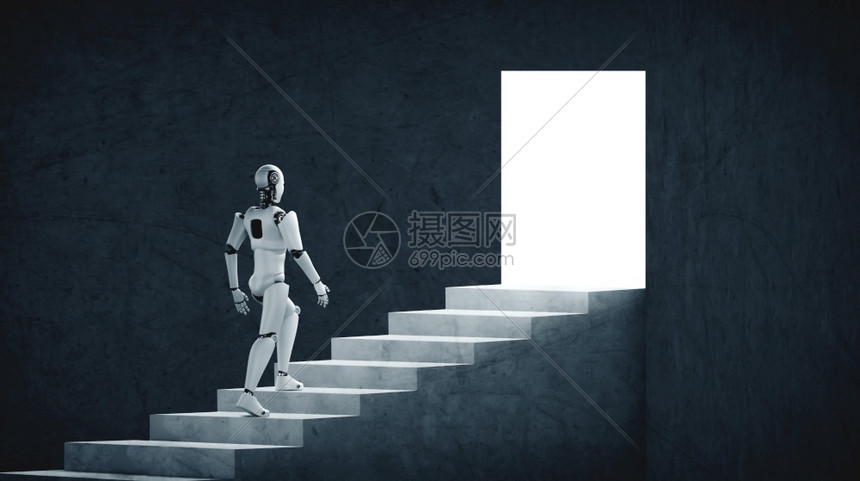 3D使机器人类体走上通往成功和实现目标的楼梯AI设想第四轮工业革命的大脑和机器学习过程使机器人类体走上通往成功的楼梯图片
