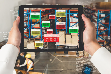 智能仓储管理系统利用扩大的现实技术确定一揽子选取和交付情况未来供应链和后勤业务的概念智能仓储管理系统利用扩大的现实技术图片