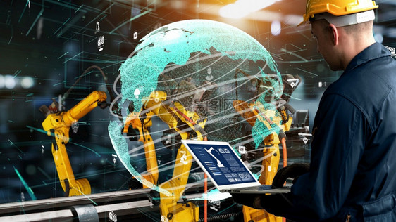 数字工厂技术的智能业机器人武现代化工业40或第次工业革命和IOT软件控制操作的自动化造过程概念图片