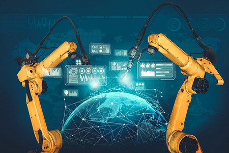 用于数字工厂生产技术的智能工业机器人武显示工业40或第次工业革命的自动化制造过程和用于控制操作的IOT软件图片