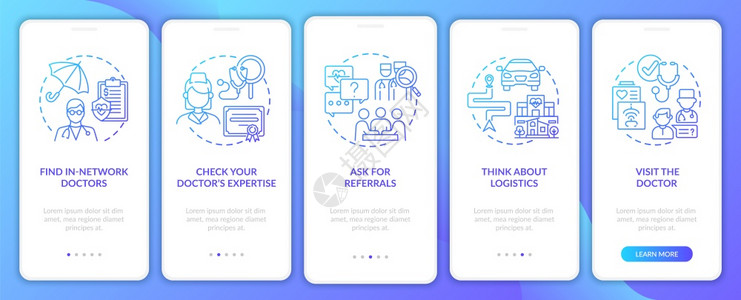 选择初级护理医生向海军提供在移动应用程序页面屏幕上安装概念的提示物理医生通过5步图形指示UIUX带有线颜色图解的形用户界面矢量模图片