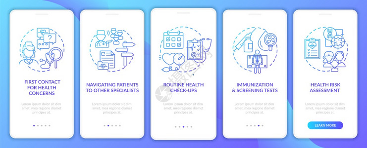 家庭医生负责海军在移动应用程序页面屏幕上安装概念医疗保健通过5步图形说明UIUX带有线颜色插图的形用户界面矢量模板图片