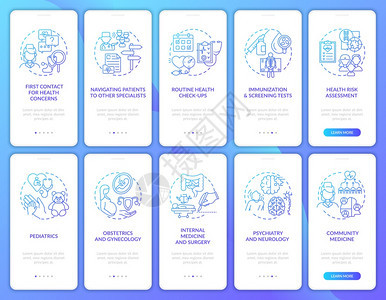 家庭医生海军在装有概念的移动应用程序页面屏幕上登机医疗保健通过5步图形说明UIUX带有线彩色插图的形用户界面矢量模板图片