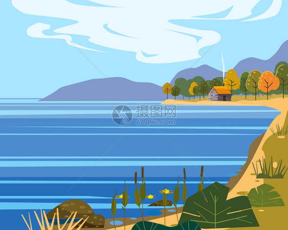 秋天美丽的岛屿风景矢量插画背景图片