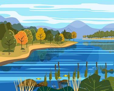秋色森林湖泊矢量插图背景图片