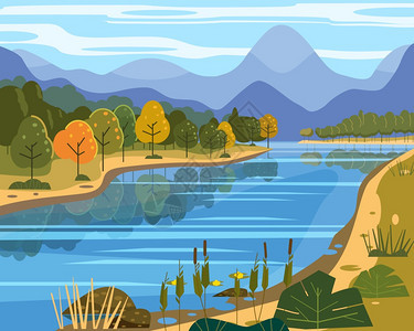 秋色森林湖泊矢量插图背景图片