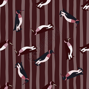 动物无缝模式带有随机企鹅打印的无缝模式有条纹的褐色背景卡通动物园背景织设计纺品印刷包装封面矢量说明动物无缝模式卡通动物园背景图片