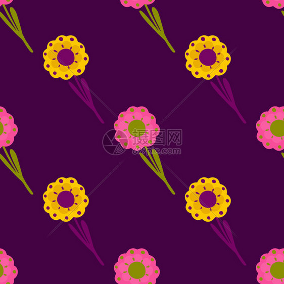 带有粉色和黄彩花朵印刷品的抽象可爱无缝模式紫色背景面团设计用于织物纺品印刷包装封面矢量插图带有粉色和黄彩花朵印刷品的简单可爱无缝图片