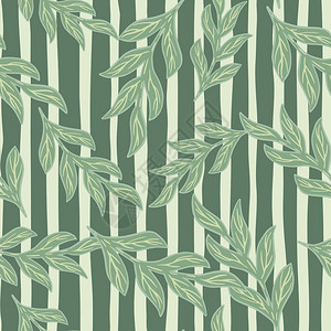 无缝图案有随机绿色轮廓的植物树枝形状有条纹背景面印刷设计用于织物纺品印刷包装封面矢量插图条印刷图片