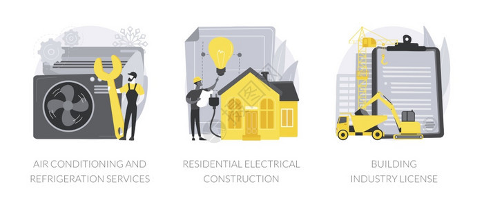 建筑承包商服务于抽象概念矢量图集空调和制冷服务住宅电气建设筑行业许可抽象比喻建筑承包商服务于抽象概念矢量图集图片