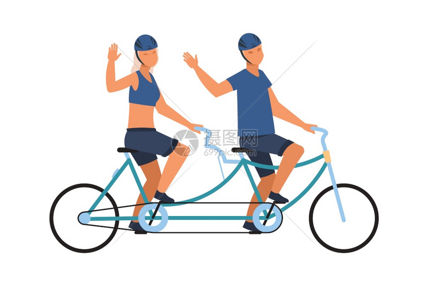 男女骑双车手挥一对健康生活方式男女穿运动服装和戴头盔的矢量卡通插图骑双自行车和手挥的男女玩得愉快一对健康的生活方式身穿运动服和戴图片