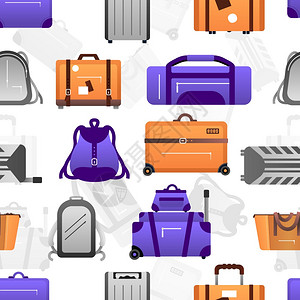手提箱图案无缝旅行李和背包的漫画纹理冒险用的包紫色手袋和背包轮子上的橙色彩礼矢量装饰色背景尺寸图案无缝旅行李和背包的纹理紫色手提图片