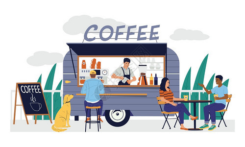 咖啡店面包拖车的卡通现代街道咖啡厅图片