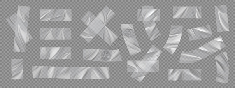 透明胶带具有撕裂边缘的现实粘合胶片用于修补或简单的3D胶条具有塑料皱纹的粘合带和孤立的聚乙烯片矢量标签带有撕裂边缘的现实粘合胶片图片