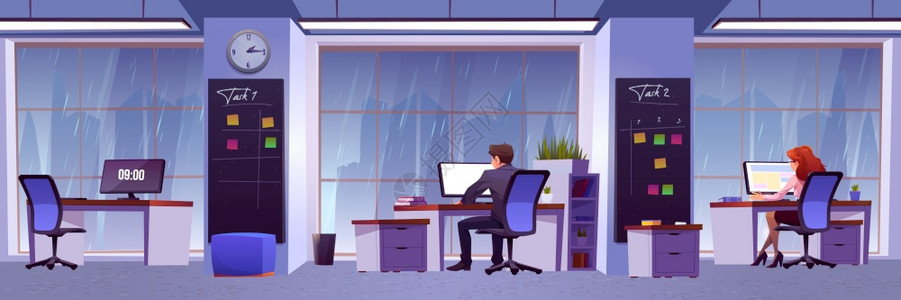 在现代办公室工作的人在窗外有雨现代办公室工作商业场所开放空间室内用办公家具计算机和雇员用矢量漫画插内阁的家具计算机和雇员在办公室图片