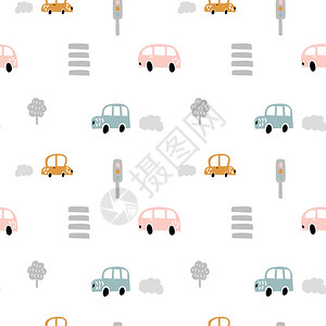 交通灯的壁纸彩色涂鸦汽车无缝矢量图图片