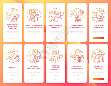 家庭医生在装有概念的移动应用程序页面屏幕上红色登移动应用程序屏幕医疗保健通过5步图形说明UIUX带有线颜色插图的形用户界面矢量模图片