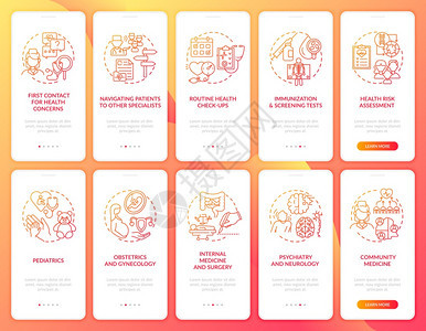 家庭医生在装有概念的移动应用程序页面屏幕上红色登移动应用程序屏幕医疗保健通过5步图形说明UIUX带有线颜色插图的形用户界面矢量模图片