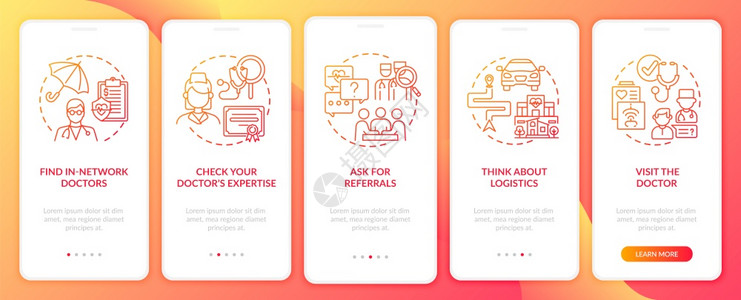 选择初级保健医生的建议红色在手机应用程序页面屏幕上选择带有概念的移动应用程序屏幕物理医生通过5步图形指示UIUX带有线颜色插图的图片