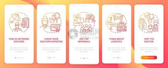 选择初级保健医生的建议红色在手机应用程序页面屏幕上选择带有概念的移动应用程序屏幕物理医生通过5步图形指示UIUX带有线颜色插图的图片