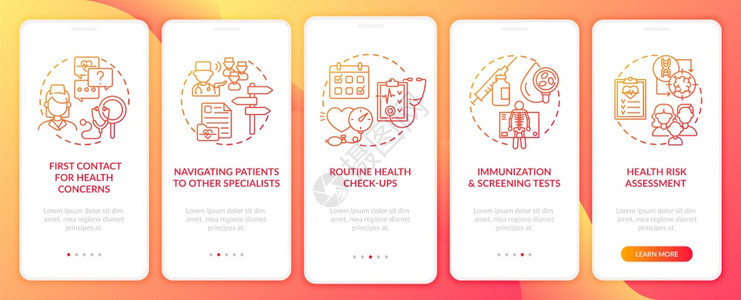 家庭医生在手机应用程序页面屏幕上执行红色任务并配有概念医疗保健通过五步图形说明UIUX带有线颜色插图的形用户界面矢量模板家庭医生图片