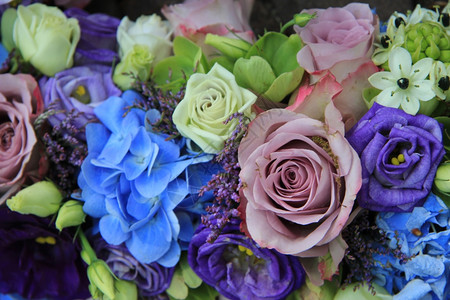 蓝色海豚和紫玫瑰在蓝色的婚礼花束和中心图片