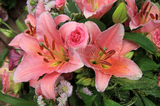 粉红老虎百合花和玫瑰在新娘安排中图片
