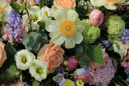 混合的新娘花装饰面条彩礼和花朵色背景图片