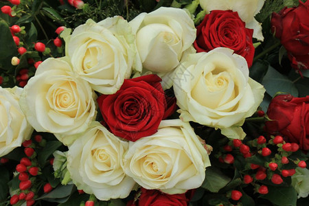 红玫瑰和白在新娘花束中背景图片