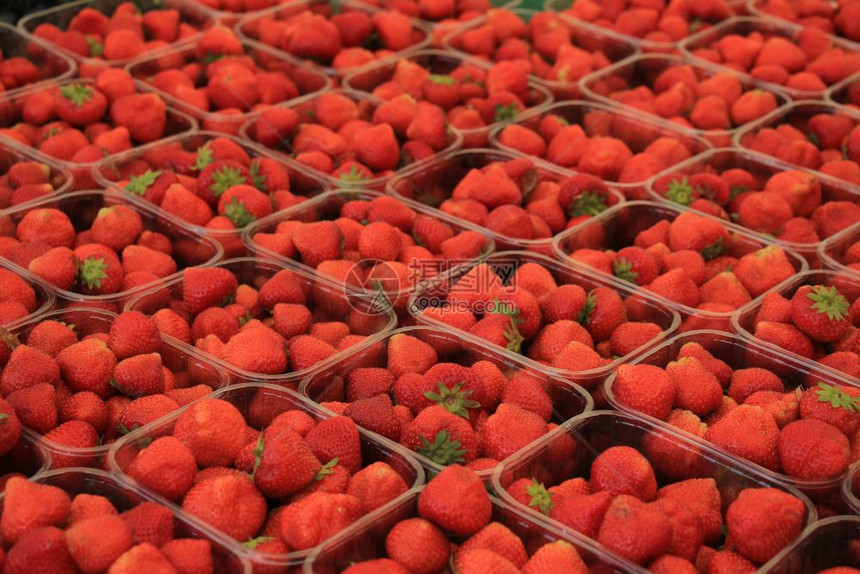 在市场摊位上小型塑料集装箱中的草莓图片