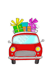 红色汽车和礼品手画幻想汽车数码彩色图片