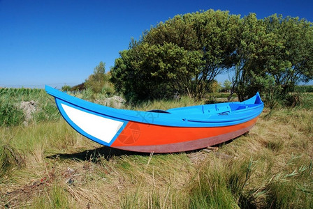 阳光明媚的一天阳光明媚的蓝天上绿草多彩的渔船图片