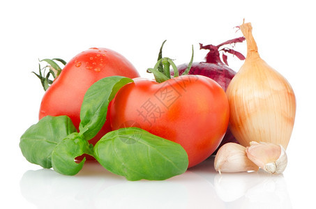 成分西红柿多丽雅泰利大蒜和白底图片