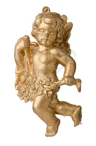 一个金天使的雕像被白色背景所隔离图片