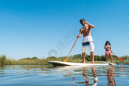 男女在湖上站起滑板年轻夫妇在湖上渡水男女游客在暑假期间穿游泳衣背景图片