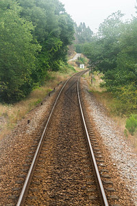 铁路轨道通过绿色迷雾林火车角度图片