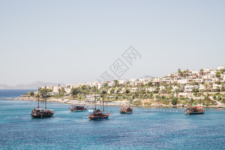 爱琴海土耳其博德鲁姆Akyarlar海滩附近的旅游船图片