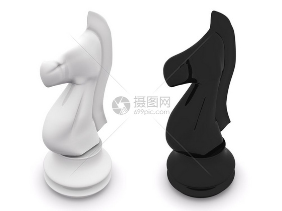 白色3D象棋上孤立的黑白马和图片