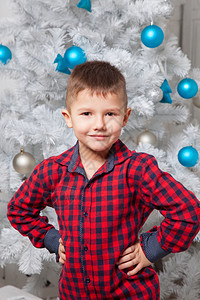在圣诞树附近穿着红色格子衬衫的男孩肖像图片