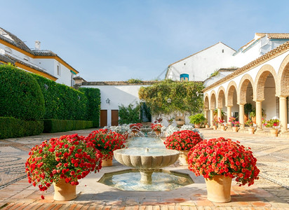 Cordoba西班牙传统庭院Patio室内有喷泉和鲜花的Patio一家西班牙庭图片